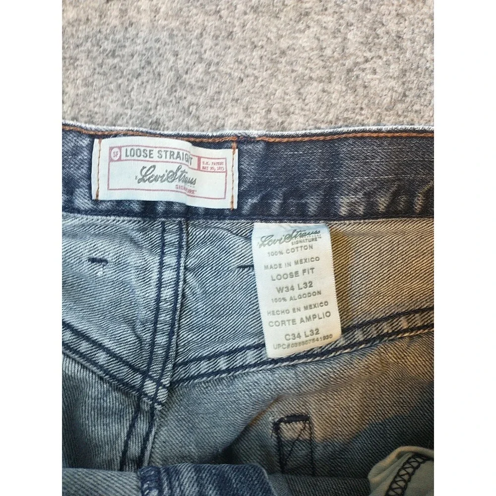 Levi Strauss Signature Mens Loose Straight Distressed Blue Jeans 34x30 (Fits 30)